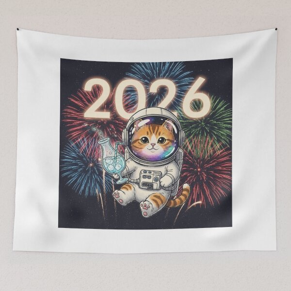 Item preview, Astronaut Cat Toasting to 2026 designed and sold by PetJoyPrintsCO.