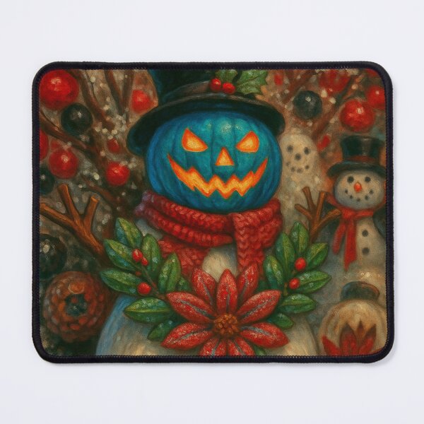 Item preview, Headless Horseman Snowman with Blue Pumpkin Head and Poinsettias: Retro Holiday Art designed and sold by TheHorsemanRidesAgain.