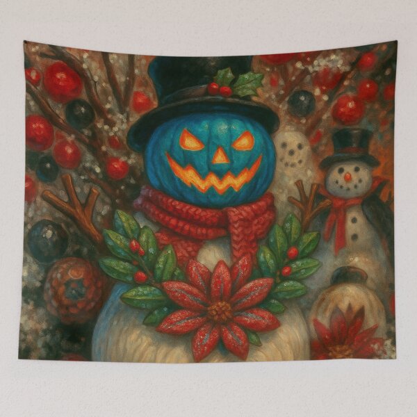 Item preview, Headless Horseman Snowman with Blue Pumpkin Head and Poinsettias: Retro Holiday Art designed and sold by TheHorsemanRidesAgain.
