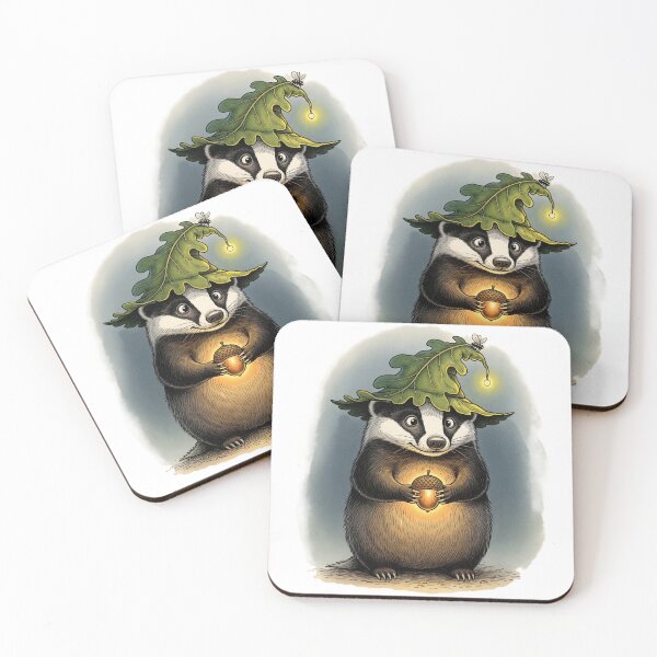 Item preview, Whimsical Forest Badger with Glowing Acorn & Leaf Hat designed and sold by robotART-OG.