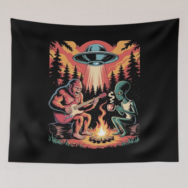 Item preview, Alien And Bigfoot Campfire Sasquatch UFO For Outdoor Lovers  designed and sold by PowAcademy.