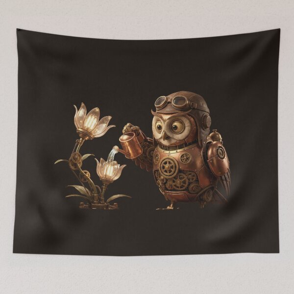 Item preview, The Clockwork Gardener – Steampunk Owl Nurturing Mechanical Flowers designed and sold by Etchoura.