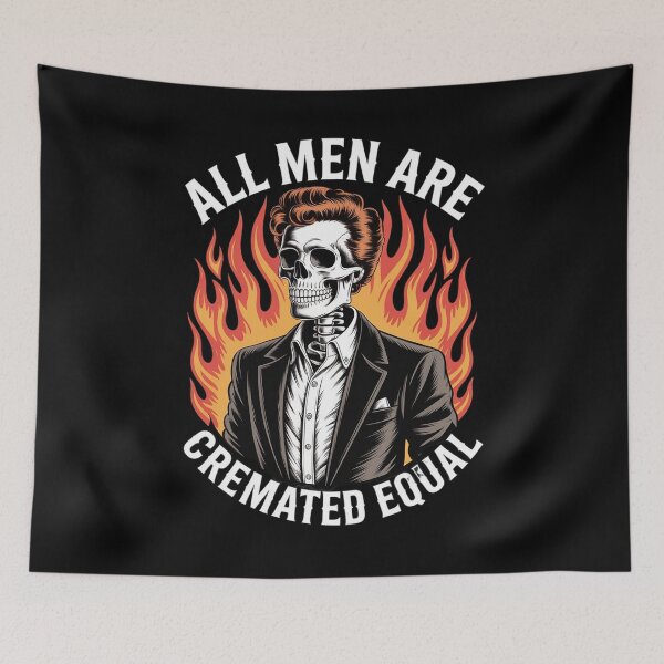 Item preview, All Men Are Cremated Equal Funny Spooky Skeleton Halloween designed and sold by ryukaizox1.