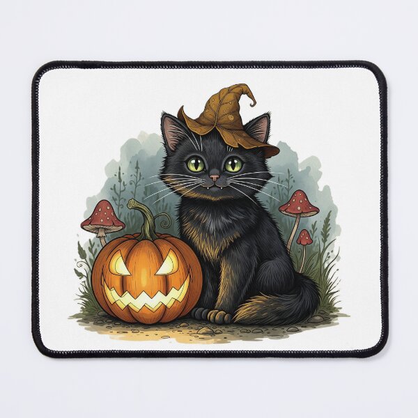 Item preview, Cute Halloween Black Cat with Leaf Hat & Jack-o'-Lantern designed and sold by robotART-OG.