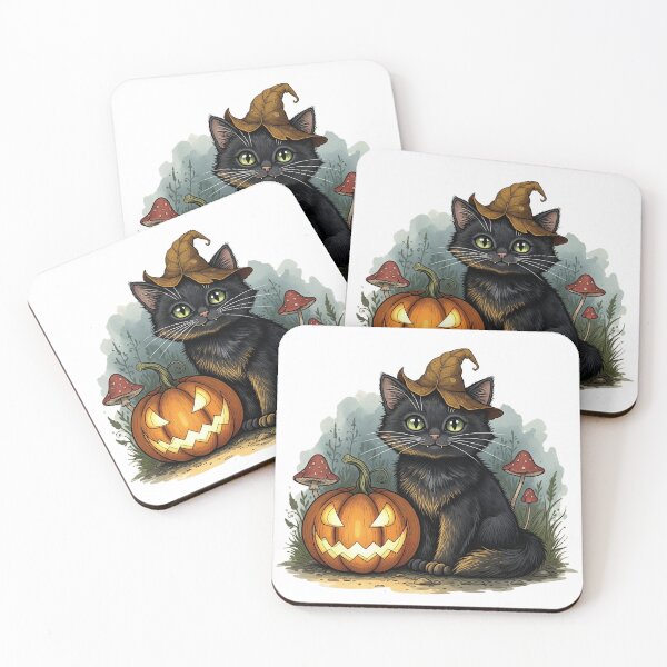 Item preview, Cute Halloween Black Cat with Leaf Hat & Jack-o'-Lantern designed and sold by robotART-OG.