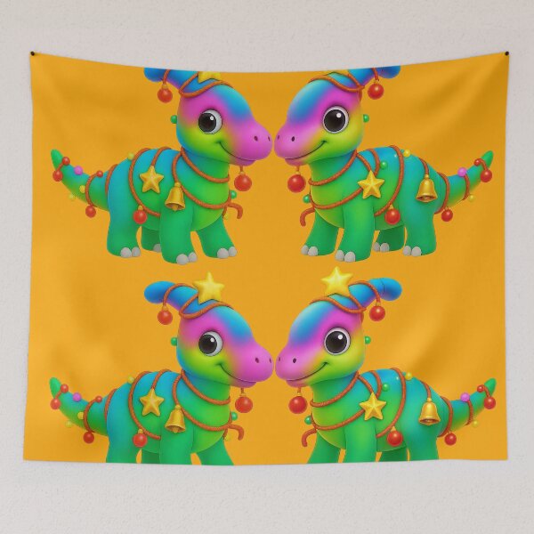 Item preview, Cute Rainbow Dinosaur Christmas Illustration - Festive Dino with String Lights Ornaments Bell Merry Christmas Cartoon Art designed and sold by AnTartstudios.