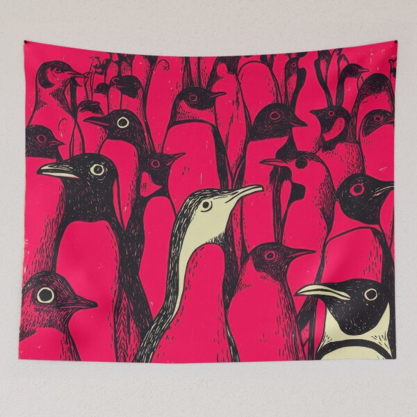 Item preview, Bold Graphic Penguin Crowd on Hot Pink Retro Illustration designed and sold by dawnleblanc55.