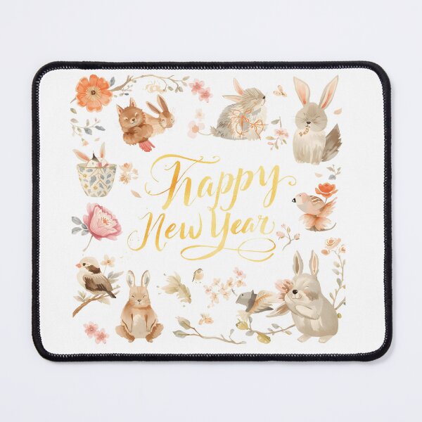 Item preview, Happy New Year text illustration with pink rabbit on round frame and flora background designed and sold by PWDigitalArt.