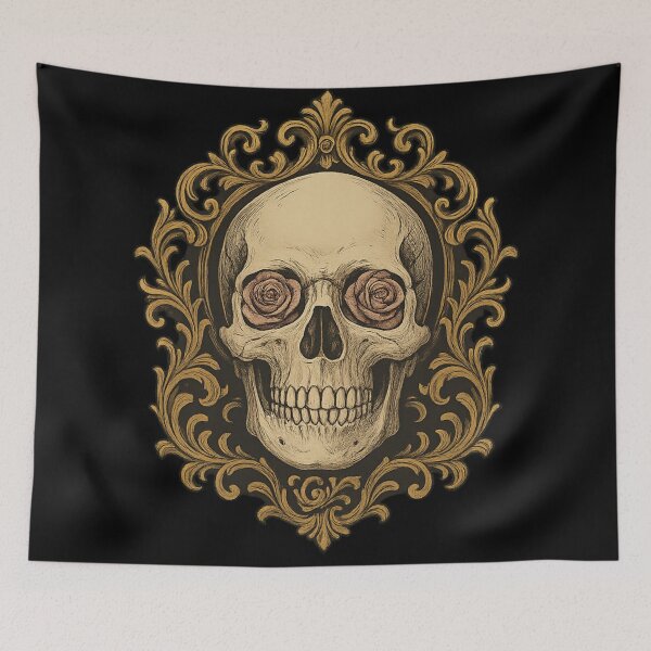 Item preview, Gothic Skull with Rose Eyes – Baroque Gold Frame – Dark Romantic Macabre Art designed and sold by Mouraludia.