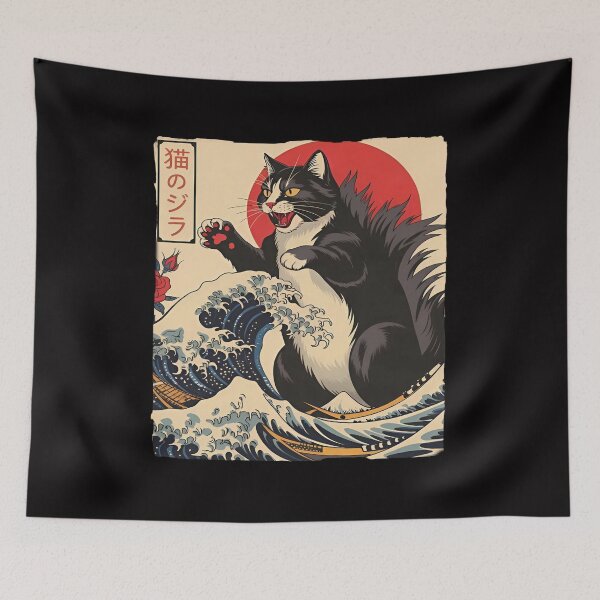 Item preview, Cat Godzilla Japanese Wave Art designed and sold by Namerreh59Art.