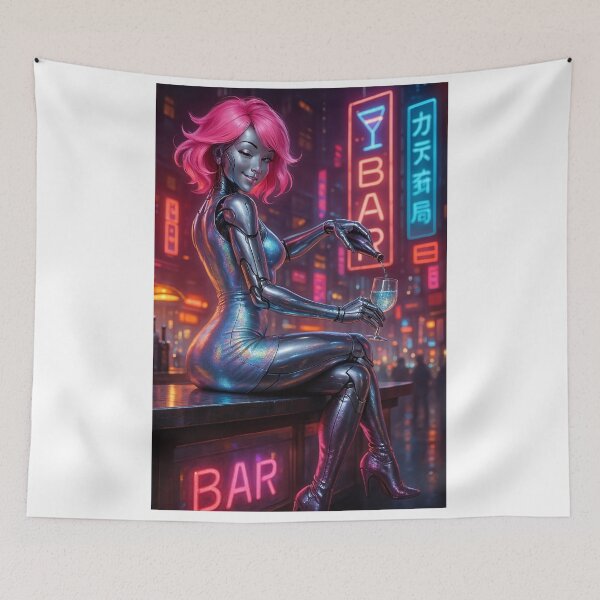 Item preview, Pink haired cyborg generous pour at neon bar designed and sold by CathryneDelamort.