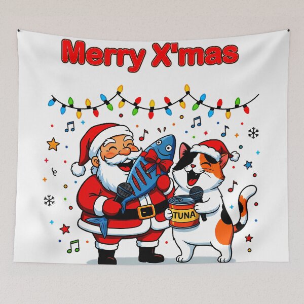 Item preview, Santa & Cat Singing with Tuna – “Merry X’mas” Musical Holiday Humor Design designed and sold by meesub.