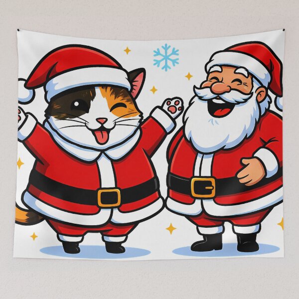 Item preview, Santa & Winking Calico Cat – “Merry X’mas” Whimsical Holiday Duo Design designed and sold by meesub.