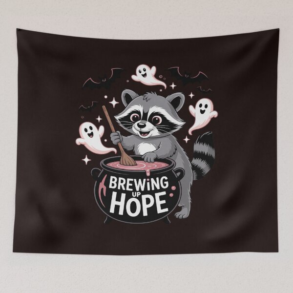 Item preview, Brewing Up Hope Raccoon Cauldron Breast Cancer Awareness designed and sold by DetroitMug.