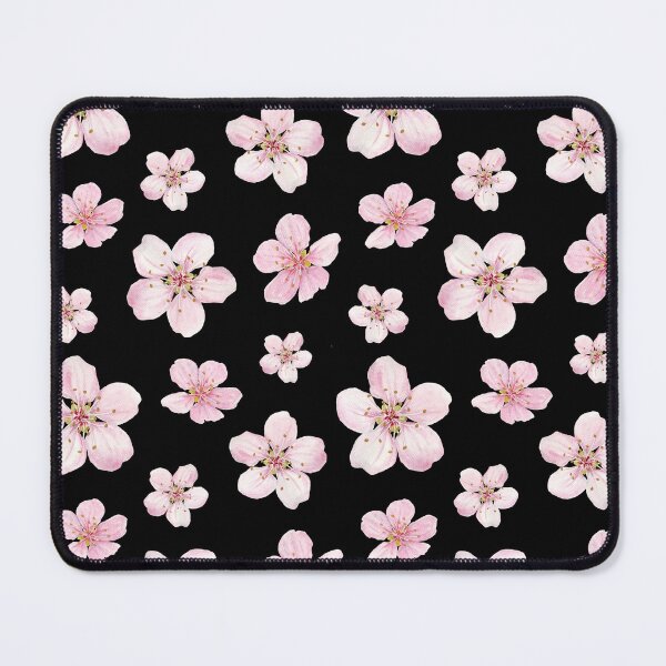 Item preview, Pink Cherry Prunus avium flowers pattern on black background designed and sold by Holub Art Studio.