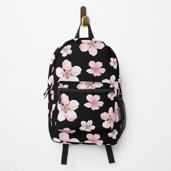 Item preview, Pink Cherry Prunus avium flowers pattern on black background designed and sold by Holub Art Studio.