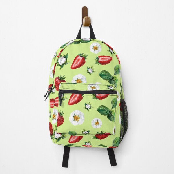 Item preview, Strawberry fragaria berry and flowers pattern on green background designed and sold by Holub Art Studio.