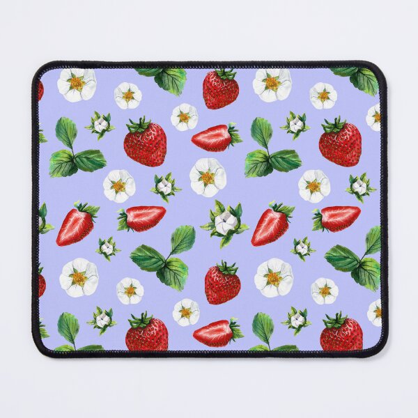 Item preview, Strawberry fragaria berry and flowers pattern on blue background designed and sold by Holub Art Studio.