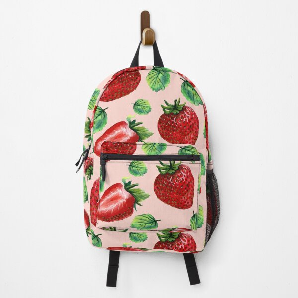 Item preview, Strawberry fragaria berry and leaves pattern on pink background designed and sold by Holub Art Studio.