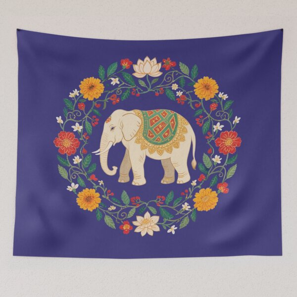 Item preview, Indian Elephant in a Floral Wreath – Boho Art Print designed and sold by HappySproutArt.