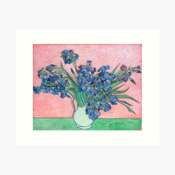 Vista previa del artículo con la obra «Iris Van Gogh en florero fondo rosa», diseñado y vendido por Vicky Brago-Mitchell®.