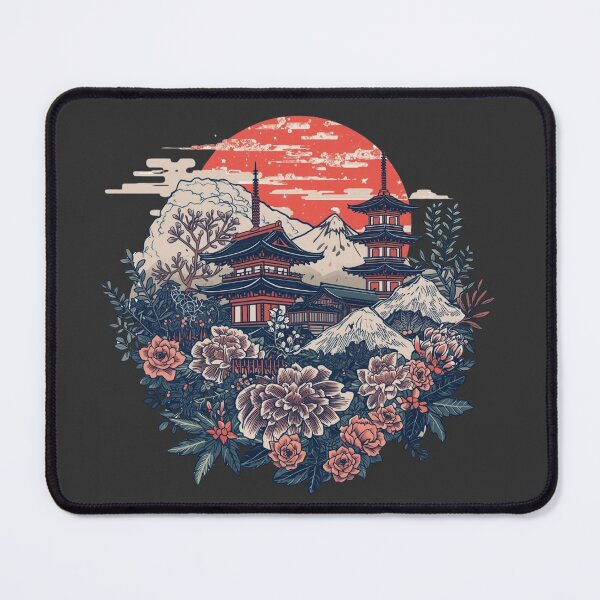 Item preview, Detailed Japan Landscape: Mount Fuji and Pagoda Line Art with Peonies, Vintage Engraving Style Botanical Illustration designed and sold by HimBoo.