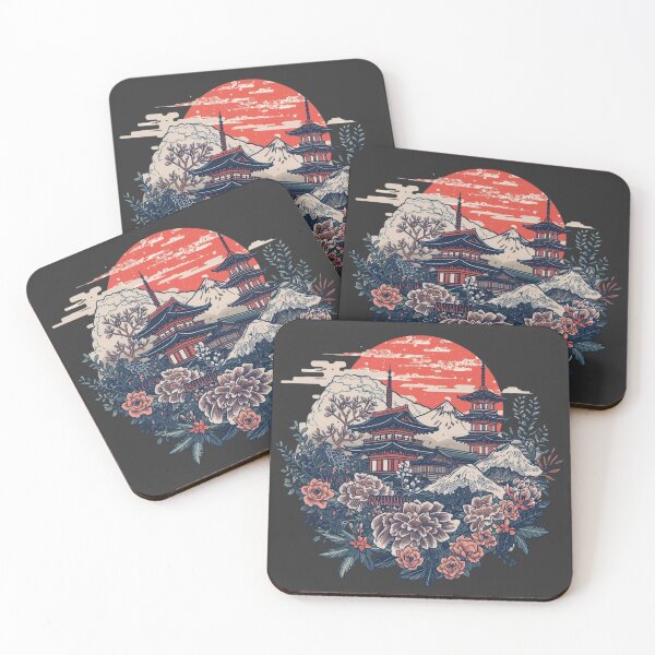 Item preview, Detailed Japan Landscape: Mount Fuji and Pagoda Line Art with Peonies, Vintage Engraving Style Botanical Illustration designed and sold by HimBoo.