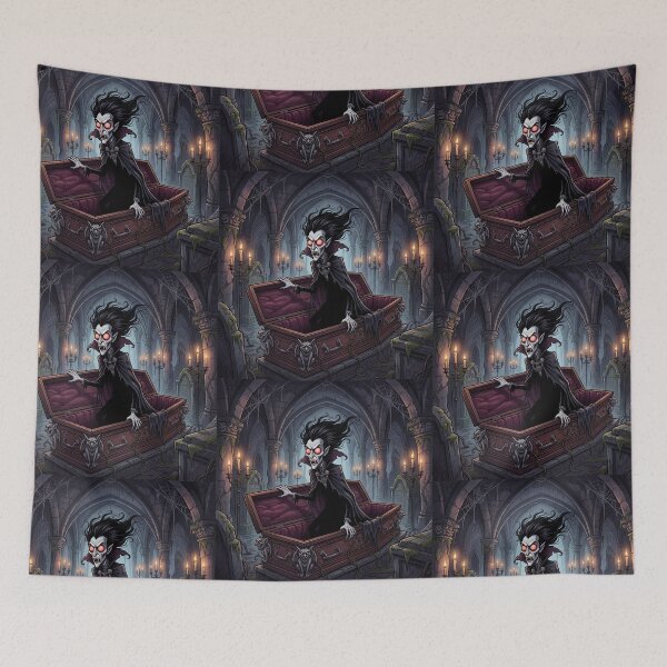 Item preview,  Dracula awakens in his dark crypt illustration gothic vampire art designed and sold by Vintage Designs +.