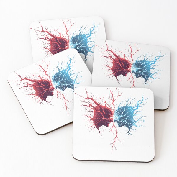Item preview, Supernatural figures facing off with red blue crackling energy in bold minimal vector style on clean white background dramatic rivalry artwork designed and sold by ArtPetrenko90.
