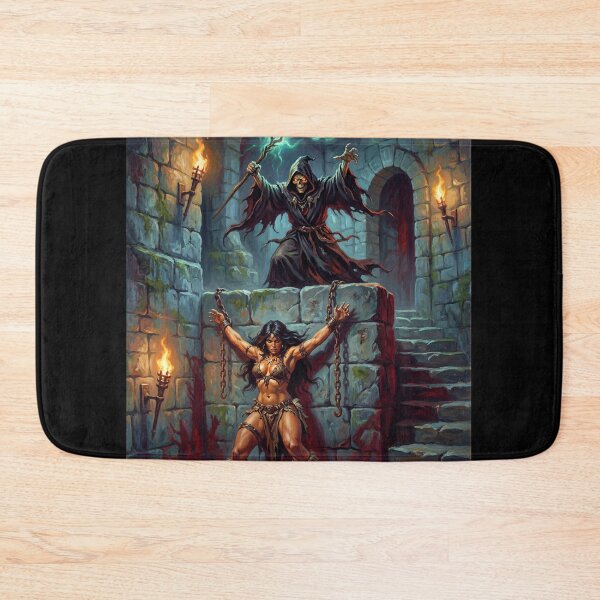 Item preview, Barbarian Woman captured by an evil skeletal necromancer illustration fantasy art style designed and sold by Vintage Designs +.