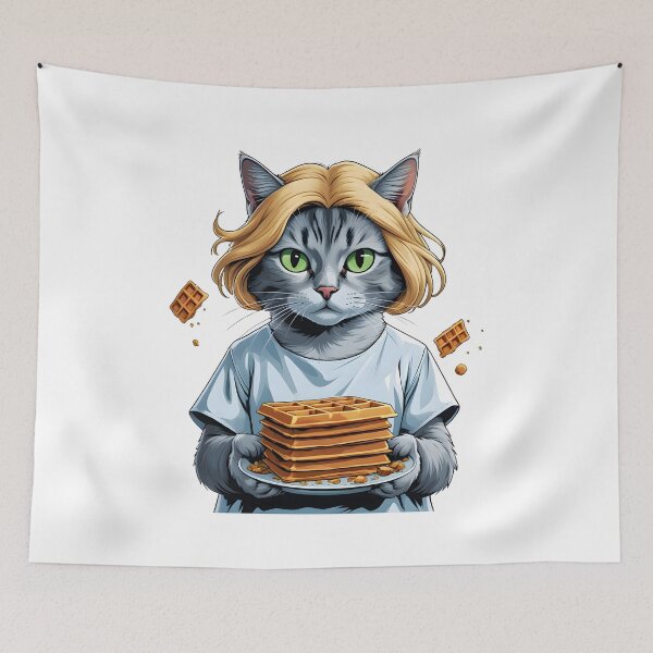 Item preview, Cute cat dressed as Eleven from Stranger Things holding  waffles on a clean white background in playful humorous fan art style designed and sold by ArtPetrenko90.