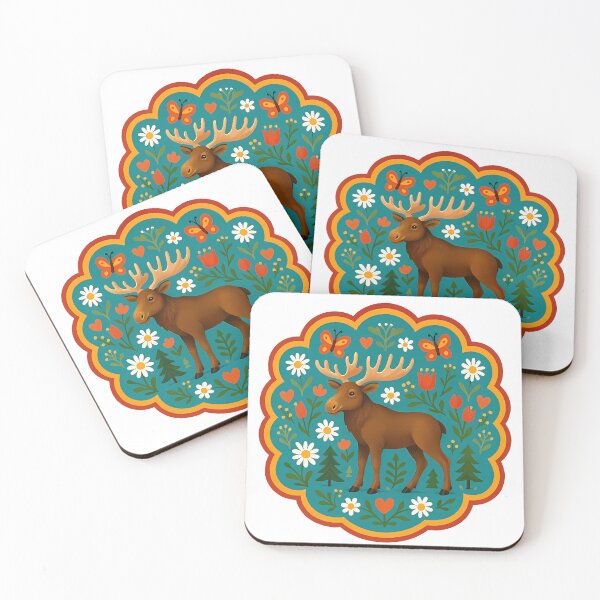 Item preview, Traditional Moose Standing in Teal Floral Garden – Scandinavian Folk Art by heidiannemorris © designed and sold by FOLK ART FUSION by heidiannemorris.