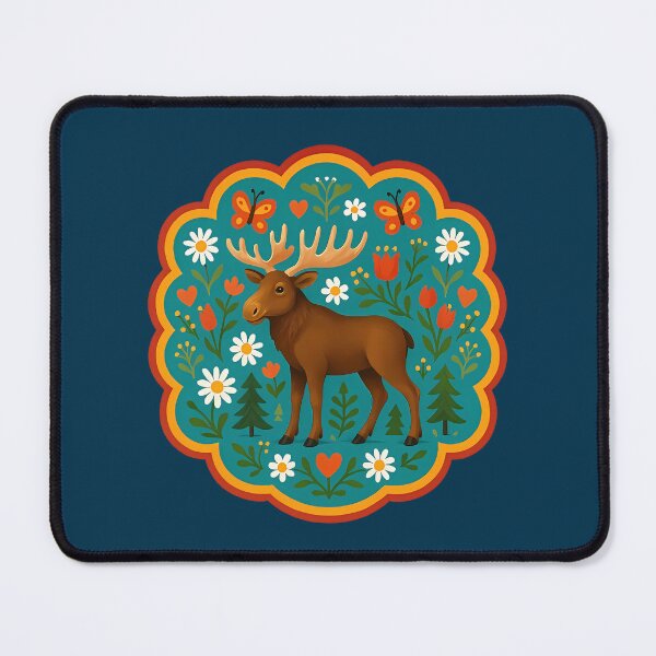 Item preview, Traditional Moose Standing in Teal Floral Garden – Scandinavian Folk Art by heidiannemorris © designed and sold by FOLK ART FUSION by heidiannemorris.