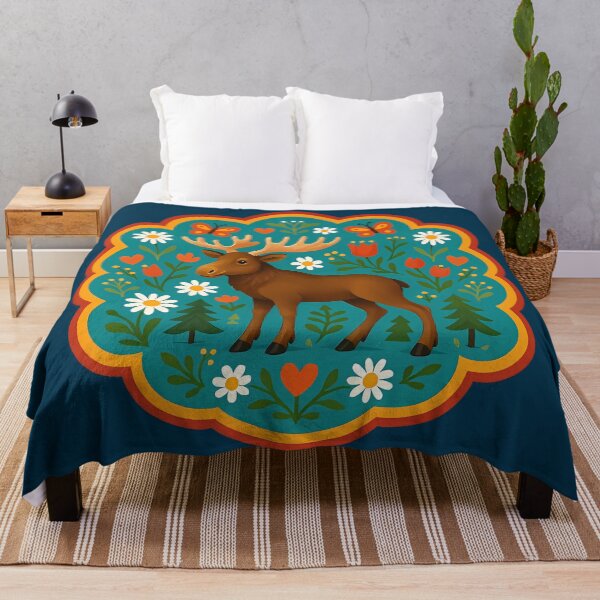 Item preview, Traditional Moose Standing in Teal Floral Garden – Scandinavian Folk Art by heidiannemorris © designed and sold by FOLK ART FUSION by heidiannemorris.