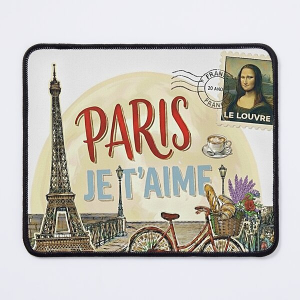 Item preview, Vintage Paris Je T'aime: Eiffel Tower, Red Bike & Le Louvre Stamp Souvenir designed and sold by Miss Cutie Designs.
