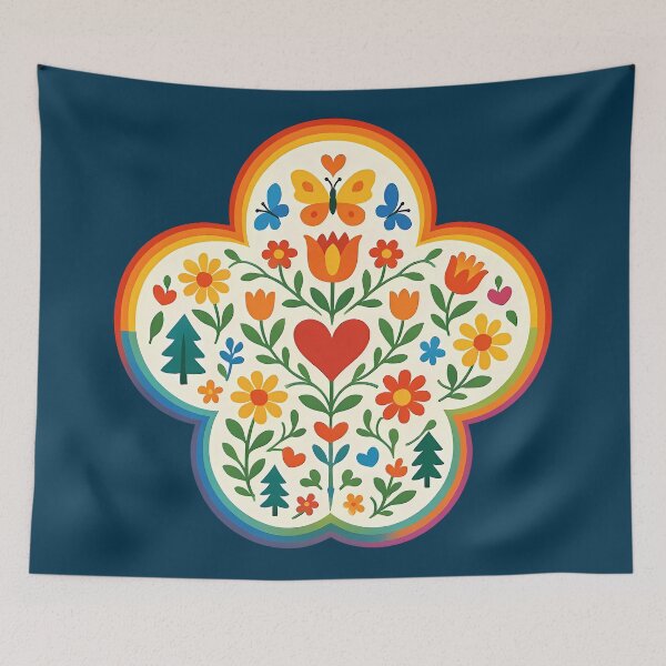 Item preview, Whimsical Rainbow Floral Heart with Butterflies and Trees – Scandinavian Folk Art by heidiannemorris © designed and sold by FOLK ART FUSION.