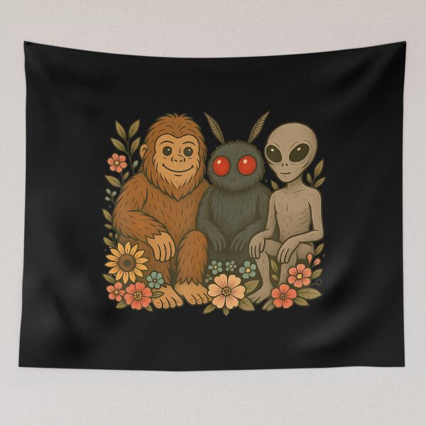 Item preview, Cute Mothman Alien And Bigfoot Cryptid Friends Floral Art designed and sold by AntoinetteKris.