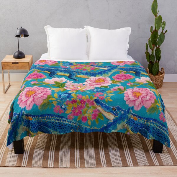 Aperçu de l'œuvre alligator preppy de style chinoiserie, peinture à l'huile rose et turquoise créée et vendue par SophieClimaArt.