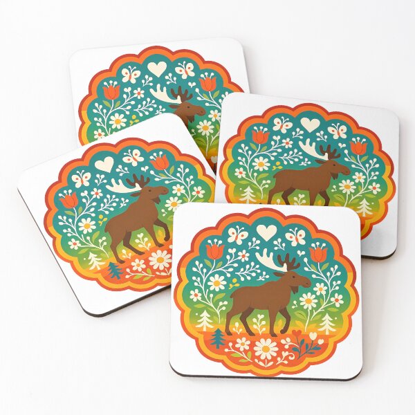 Item preview, Traditional Moose Standing in Teal Floral Garden – Scandinavian Folk Art by heidiannemorris © designed and sold by FOLK ART FUSION by heidiannemorris.