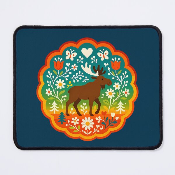 Item preview, Traditional Moose Standing in Teal Floral Garden – Scandinavian Folk Art by heidiannemorris © designed and sold by FOLK ART FUSION by heidiannemorris.