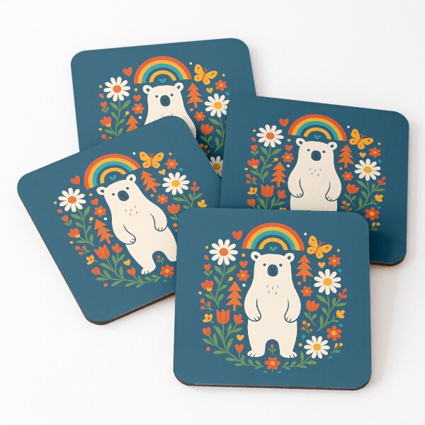 Item preview, Serene Polar Bear Under Rainbow in Floral Garden – Hope for Wildlife Scandinavian Folk Art by heidiannemorris © designed and sold by FOLK ART FUSION by heidiannemorris.
