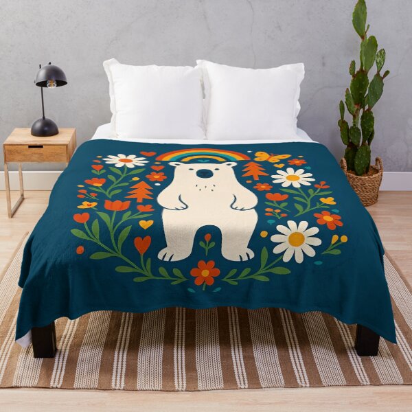 Item preview, Serene Polar Bear Under Rainbow in Floral Garden – Hope for Wildlife Scandinavian Folk Art by heidiannemorris © designed and sold by FOLK ART FUSION by heidiannemorris.