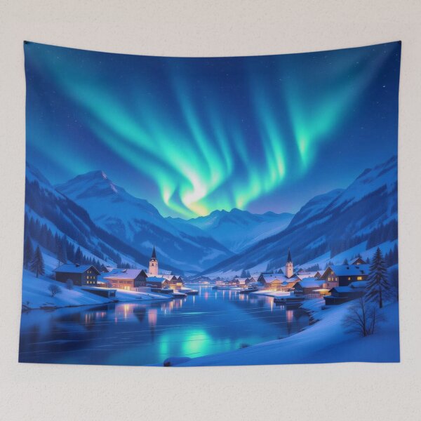 Item preview, Aurora Village Dreams – winter magic, glowing windows & poetic silence in snowy mountain light designed and sold by FotoworldEdel.