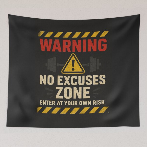 Item preview, ⚠️ Warning: No Excuses Zone – Hardcore Fitness Hazard Sign Gym Tee designed and sold by Born To Be Fit.