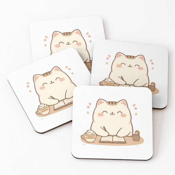 Item preview, Cute Chubby Cat Writing a Diary with Tongue Out | Cozy Café Aesthetic Illustration designed and sold by SlowDayFriends.