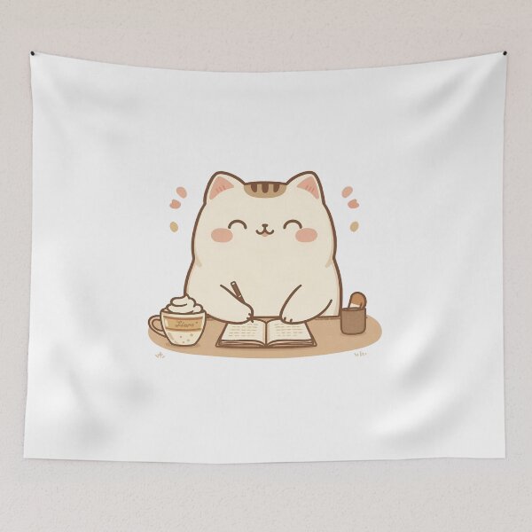 Item preview, Cute Chubby Cat Writing a Diary with Tongue Out | Cozy Café Aesthetic Illustration designed and sold by SlowDayFriends.