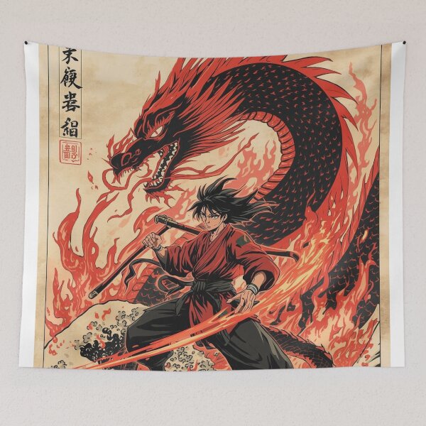 Item preview, Fire Dragon Warrior – Anime Samurai With Serpentine Dragon & Hokusai Waves designed and sold by Vandy Fullam.