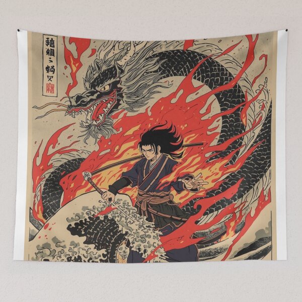 Item preview, Inferno Dragon Samurai – Anime Ukiyo-e Warrior with Fire Serpent & Crashing Waves designed and sold by Vandy Fullam.