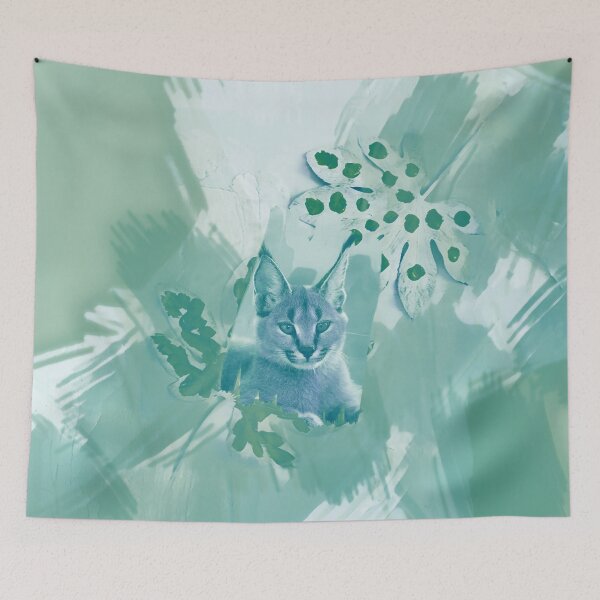 Item preview, CARACAL IN LEAVES IN SHADES OF TURQUOISE, SAGE, ARMY GREEN AND BLUE designed and sold by Most1234.