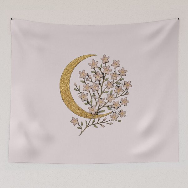 Item preview, Golden Crescent Moon Floral Embroidery T-Shirt | Aesthetic Celestial Bloom Tee designed and sold by KDesignCrafts.